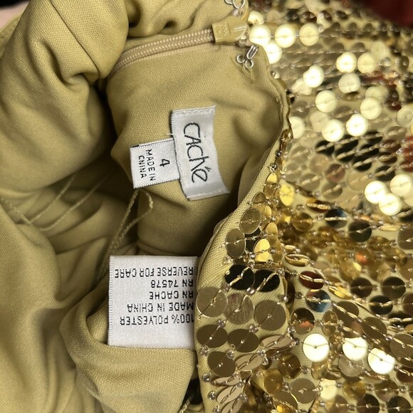 Cache Gold Sequin Dress Beaded High Neck Halter Embellished Open Back Size 4 - Picture 7 of 8